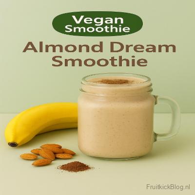 Almond Dream Smoothie 3 Glas met een Almond Dream Smoothie, met bananen en amandelen ernaast, op een beige achtergrond