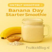 Banana Day Starter Smoothie 5 Ontbijt smoothie Banana Day Starter in een glazen mok, met banaan, havermout en pindakaas op een gele achtergrond