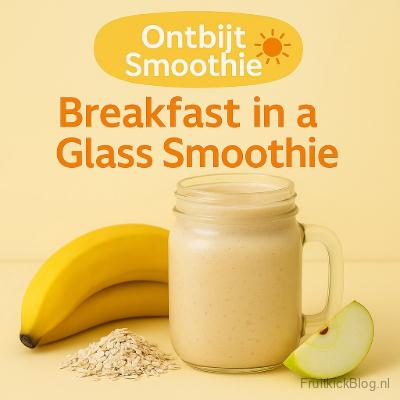 Ontbijt smoothie Breakfast in a Glass in een glazen mok, met banaan, havermout en groene appel op een gele achtergrond