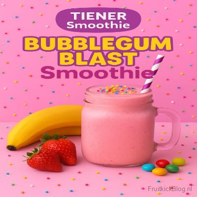 Bubblegum Blast Smoothie 6 Bubblegum Smoothie in een glas met fruit en snoepjes er om heen