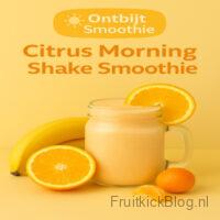 Citrus Morning Shake Smoothie 6 Ontbijt smoothie Citrus Morning Shake in een glazen mok, met banaan, sinaasappel en mandarijn op een gele achtergrond