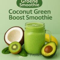 Coconut Green Boost Smoothie 5 Coconut Green Smoothie in een glas met een kokos noot en fruit ernaast