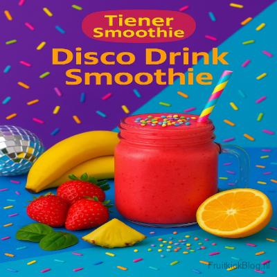Disco Drink Smoothie 7 Disco Drink Smoothie in een glas met fruit en een rietje en wat snoepjes
