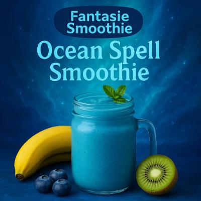Ocean Spell Smoothie 4 Fantasie smoothie Ocean Spell in een glazen mok, met banaan, kiwi, blauwe bessen en muntblad op een oceaanblauwe achtergrond