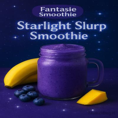 Starlight Slurp Smoothie 4 Fantasie smoothie Starlight Slurp in een glazen mok, met banaan, blauwe bessen en mango op een donkerblauwe sterrenachtergrond