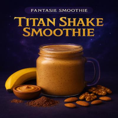 Titan Shake Smoothie 3 Fantasie smoothie Titan Shake in een glazen mok, met banaan, cacaopoeder, pindakaas, amandelen en walnoten op een donkerpaarse achtergrond.