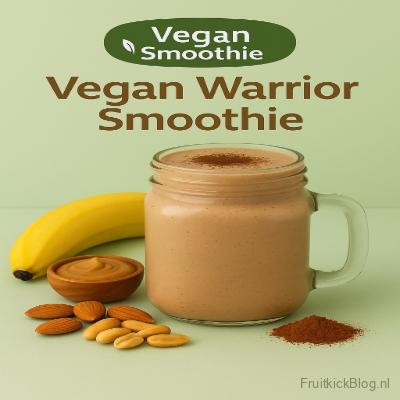 Vegan Warrior Smoothie 4 Glas met een Vegan Warrior Smoothie, omringd door bananen en amandelen, tegen een bruine achtergrond.