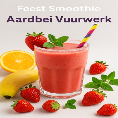 Aardbei Vuurwerk Smoothie - Fruitkickblog 1 Aardbei Vuurwerk smoothie – feestelijke smoothie met aardbeien en kleurrijk fruit.