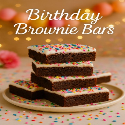 Birthday Brownie Bars - Feest Baksels 5 Birthday Brownie Bars – heerlijke brownies met kleurrijke feestdecoratie, ideaal voor verjaardagen en feestjes.
