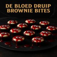 De Bloed Druip Brownie Bites - Halloween Snacks 4 De BloedDruip Browniebites – kleine brownies met rode topping, griezelige Halloween traktatie.
