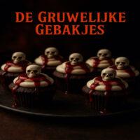 De Gruwelijke Gebakjes - Halloween Dessert 1 Donkere chocoladegebakjes gevuld met rode ‘bloed’-saus, bedekt met een witte topping en versierd met kleine chocoladeschedeltjes. Een huiveringwekkend lekkere traktatie die iedereen de stuipen op het lijf jaagt!
