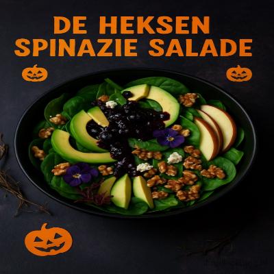 De Heksen Spinazie Salade - Halloween Salade 4 Een betoverende groene salade vol verse spinazie, magische toppings en een mysterieuze zwarte-bessen dressing. Perfect voor een griezelig gezond Halloweenfeest!