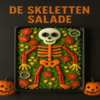 De Skeletten Salade - Halloween Salade 6 Een knapperige, kleurrijke salade in de vorm van een skelet — gezond, creatief en perfect voor op het Halloweenfeest.