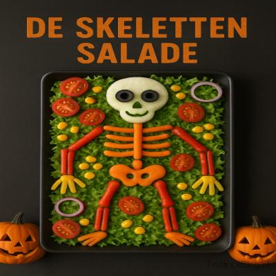 De Skeletten Salade - Halloween Salade 3 Een knapperige, kleurrijke salade in de vorm van een skelet — gezond, creatief en perfect voor op het Halloweenfeest.