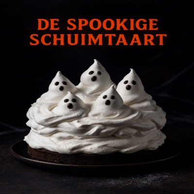 De Spookige Schuimtaart - Halloween Dessert 1 Een luchtige meringue-taart met chocoladebodem, marshmallow topping en spookachtige decoratie. Een dessert dat eruitziet als een wolk vol geesten — licht, zoet en onweerstaanbaar spooky!