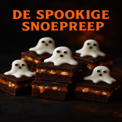 De Spookige Snoepreep - Halloween Snack 3 Een krokante, zoete reep met lagen karamel, pinda’s en chocolade — afgemaakt met witte spook decoratie van glazuur. Een griezelig lekkere traktatie die eruitziet als rechtstreeks uit een spookhuis!