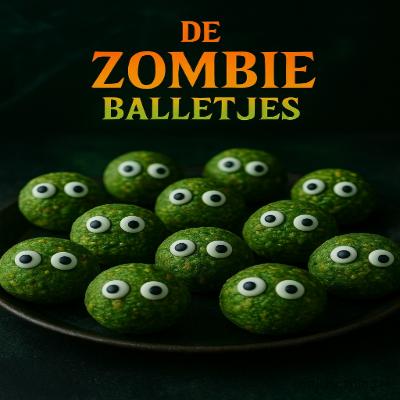 De Zombie Balletjes - Halloween Snack 4 Groene energieballetjes met een vleugje kokos en pistache, bedekt met eetbare oogjes en een griezelige glans. Gezond, eng én onweerstaanbaar — perfect voor elk Halloween-feest!