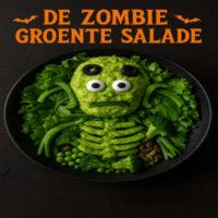 De Zombie Groente Salade - Halloween Salade 5 Een knapperige, groen gekleurde salade vol “zombie-energie” – fris, voedzaam en met een spooky twist dankzij de grillige presentatie en groene dressing.