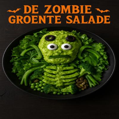 De Zombie Groente Salade - Halloween Salade 2 Een knapperige, groen gekleurde salade vol “zombie-energie” – fris, voedzaam en met een spooky twist dankzij de grillige presentatie en groene dressing.
