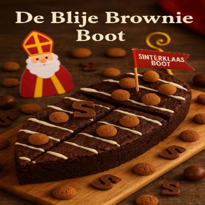 De Blije Brownie Boot - Sinterklaas Dessert 4 Een rijke, smeuïge brownie in de vorm van een vrolijke Sinterklaas Boot, gevuld met stukjes chocolade, karamel en kruidnoten. Een waar spektakelstuk voor pakjesavond!