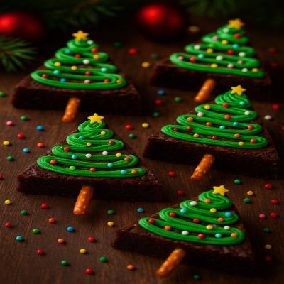 De Kerstboom Brownie - Kerst Dessert 3 Een fudgy chocolade brownie gesneden in de vorm van kleine kerstboompjes, versierd met groene frosting, sprinkles en een eetbare boomstam.