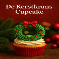 De Kerstkrans Cupcake - Kerst Dessert 9 Vanille Cupcake versierd als een kerstkrans met groene botercrème en rode pareltjes.
