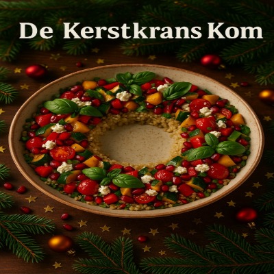 Een feestelijke kom in de vorm van een kerstkrans, gevuld met geroosterde groenten, quinoa, granaatappelpitjes en romige feta. Een prachtig, voedzaam en kleurrijk gerecht dat de show steelt op de kersttafel.