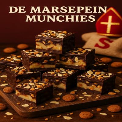 De Marsepein Munchies - Sinterklaas Snack 9 Knapperige, met chocolade omhulde blokjes marsepein met kruidnoten en amandelen – een super makkelijke Sinterklaas snack om te delen tijdens pakjesavond.