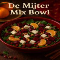 De Mijter Mix Bowl - Sinterklaas Salade 3 Een kleurrijke en gezonde salade met rode bieten, feta en mandarijntjes — geïnspireerd op de kleuren van de mijter van Sinterklaas. Een frisse, feestelijke bowl vol smaak en sfeer!