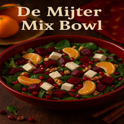 De Mijter Mix Bowl - Sinterklaas Salade 4 Een kleurrijke en gezonde salade met rode bieten, feta en mandarijntjes — geïnspireerd op de kleuren van de mijter van Sinterklaas. Een frisse, feestelijke bowl vol smaak en sfeer!