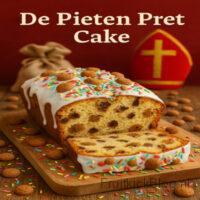Een luchtige cake vol feestelijke stukjes kruidnoot, chocolade en kleurrijke sprinkles, precies wat de Pieten bakken als ze zelf iets lekkers willen tijdens pakjesavond!