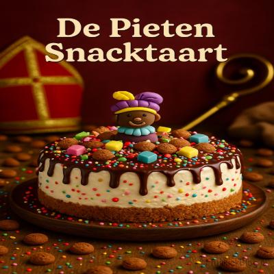 De Pieten Snacktaart - Sinterklaas Snack 7 Een vrolijke, feestelijke taart vol Pieten-energie — met lagen kruidnoten, marsepein, chocolade en een vleugje slagroom. Een showstopper op elke pakjesavond!