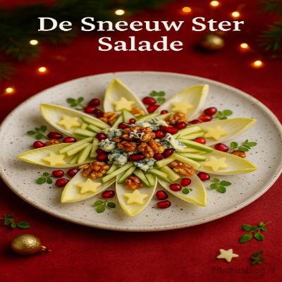 De Sneeuwster Salade - Kerst Salade 5 Een frisse, elegante salade met witlof, appel, blauwe kaas en walnoten, mooi gepresenteerd in de vorm van een sneeuwster. De honing-citroendressing geeft een zachte, feestelijke balans tussen fris en romig.