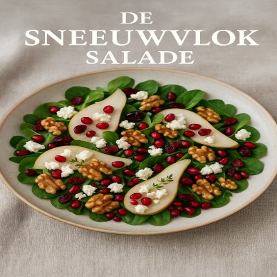 Een frisse, winterse witte salade met zachte geitenkaas, peer en walnoot. De lichte dressing met honing en citroen maakt dit gerecht heerlijk in balans een perfecte, elegante salade voor de feestdagen.