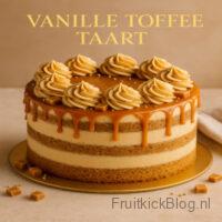 Vanille Toffee Taart - Fruitkick Bakkerij 3 Een luchtige vanille taart met een romige toffee crème en een rijke karameldrip. Deze taart is een echte blikvanger voor verjaardagen, feestdagen of speciale gelegenheden.