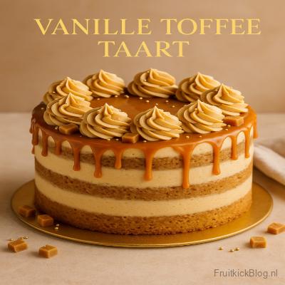 Vanille Toffee Taart - Fruitkick Bakkerij 4 Een luchtige vanille taart met een romige toffee crème en een rijke karameldrip. Deze taart is een echte blikvanger voor verjaardagen, feestdagen of speciale gelegenheden.