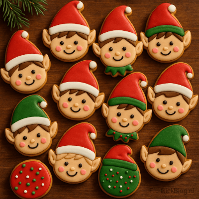 Elfjes Koekjes - Kerst Baksels 2 Vrolijke, kleurrijke kerstkoekjes in de vorm van elfjes. Perfect voor kinderen, kerstfeestjes en traktaties.