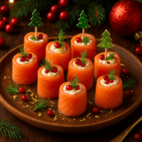 Kerstige Zalmrolletjes - Kerst Hartige Amuse 7 Zachte, romige rolletjes van gerookte zalm gevuld met frisse roomkaas, dille en citroen. Perfect als luxe kerst hapje of amuse.