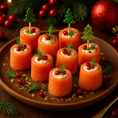 Kerstige Zalmrolletjes - Kerst Hartige Amuse 1 Zachte, romige rolletjes van gerookte zalm gevuld met frisse roomkaas, dille en citroen. Perfect als luxe kerst hapje of amuse.