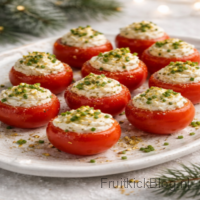 Gouden Gevulde Tomaatjes - Kerst hapjes 8 Kleine, sappige tomaatjes gevuld met een romige kaasvulling en afgewerkt met een subtiele gouden touch. Elegant, fris en perfect als luxe kersthapje