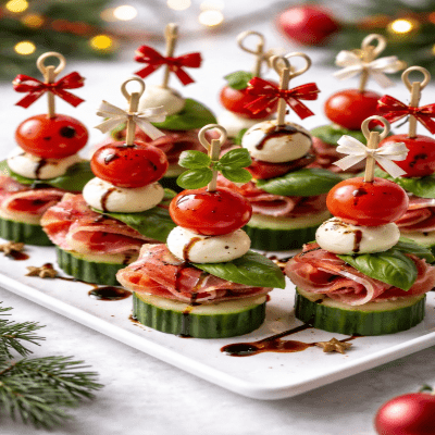 Kerstavond Mini Spiesjes - Kerst hapjes 5 Deze Kerstavond Mini Spiesjes zijn stijlvolle en smaakvolle kersthapjes die perfect passen bij een feestelijke kerstborrel of als voorgerecht tijdens het kerstdiner. De combinatie van frisse komkommer, sappige kerstomaatjes, romige mozzarella en hartige rauwe ham zorgt voor een uitgebalanceerde smaak in één hap. Door hun kleurrijke uitstraling en makkelijke bereiding zijn deze spiesjes ideaal voor zowel kleine als grote gezelschappen.