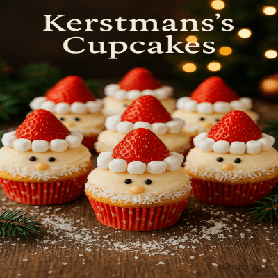 Kerstman's Cupcakes - Kerst Baksels 8 Schattige cupcakes in Kerstman-thema met rode muts, witte baard en romige frosting. Perfect voor kerstfeestjes en traktaties.