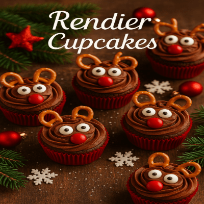 Schattige chocolade cupcakes versierd als rendieren met pretzel-gewei, oogjes en een rood Rudolf-neusje. Perfect voor kerstfeestjes!