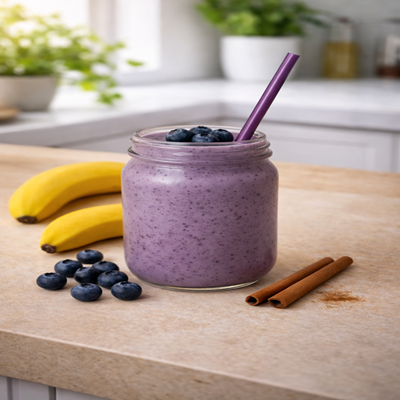 Blueberry Bliss Smoothie in een glas met vers fruit er om heen