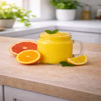 Een heerlijke citrus smoothie in een glas met citrus en grapefruit