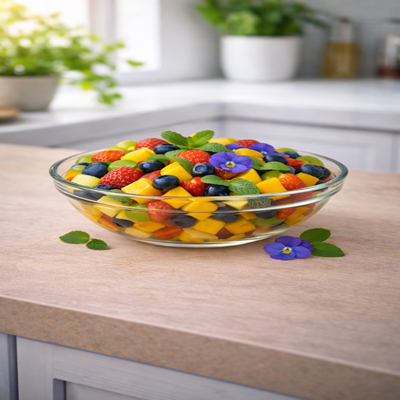 Fruit en Fleur salade met kleurrijk fruit en bloemige tonen – frisse klassieke fruitsalade.