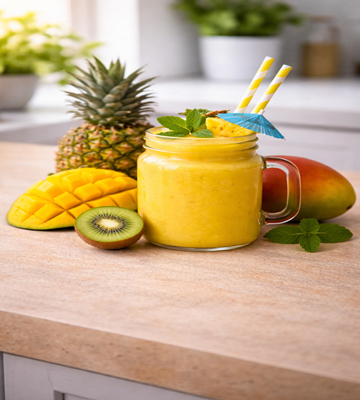 Fruit paradise smoothie met veel tropisch fruit in een glas