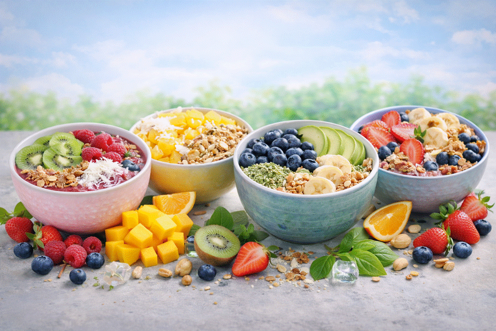 Heerlijke fruitbowls in een een kom in verschillende variaties en smaken