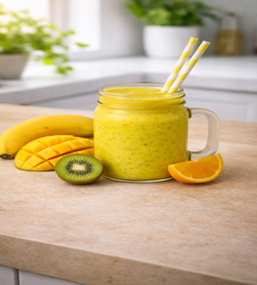 Mango Kiwi Kick Smoothie in een glas met heerlijke fruit er om heen