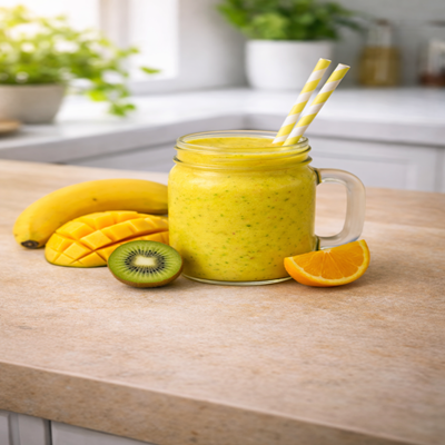 Mango Kiwi Kick Smoothie in een glas met heerlijke fruit er om heen